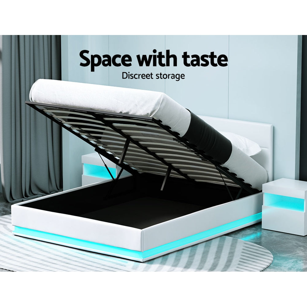 White LED Bed Frame Queen Size LED Gas Lift White