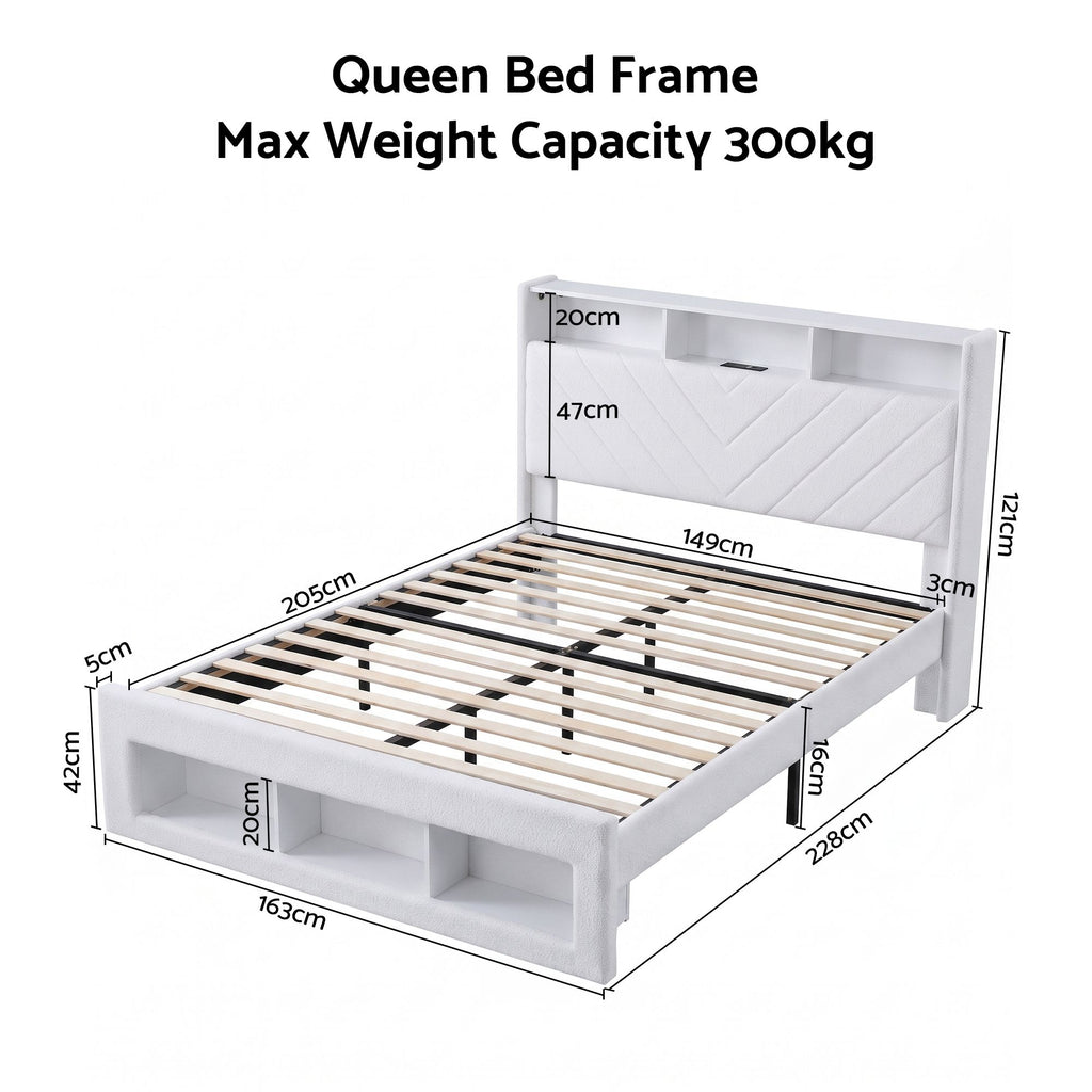 Queen Bed Frame with Storage Charging Station & LED White