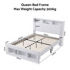 Queen Bed Frame with Storage Charging Station & LED White