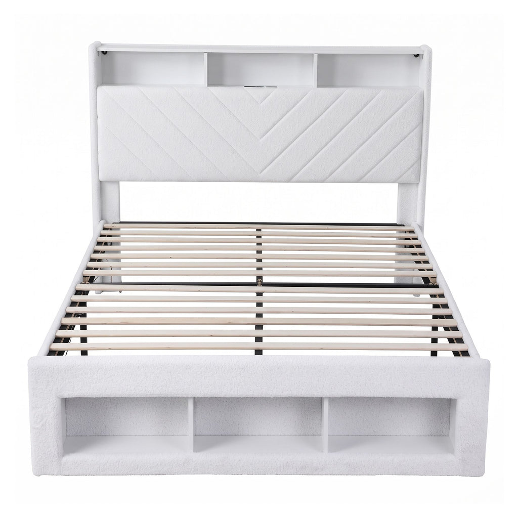 Queen Bed Frame with Storage Charging Station & LED White