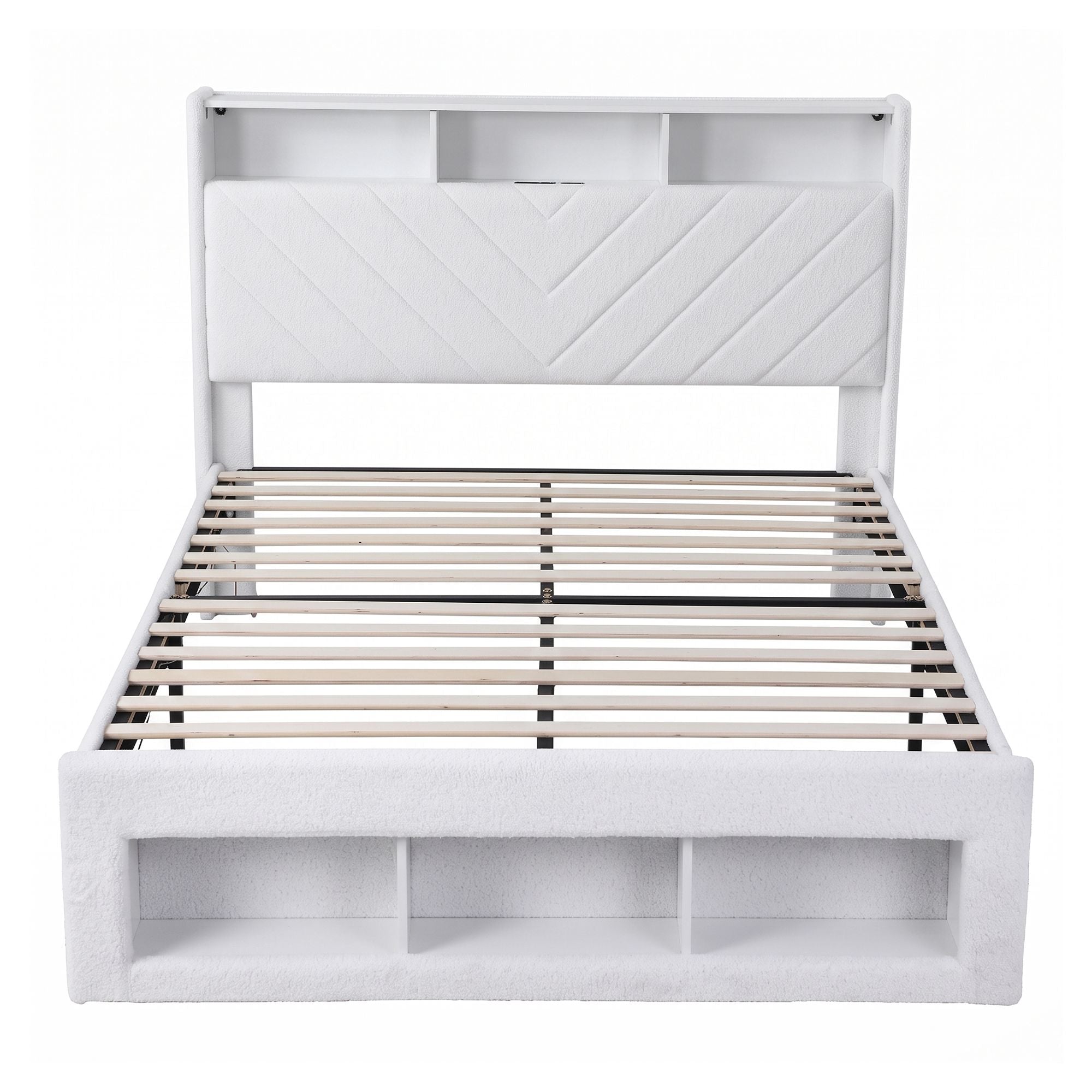 Queen Bed Frame with Storage Charging Station & LED White