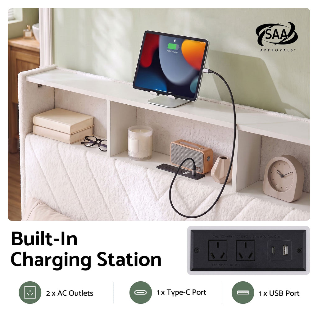 Queen Bed Frame with Storage Charging Station & LED White