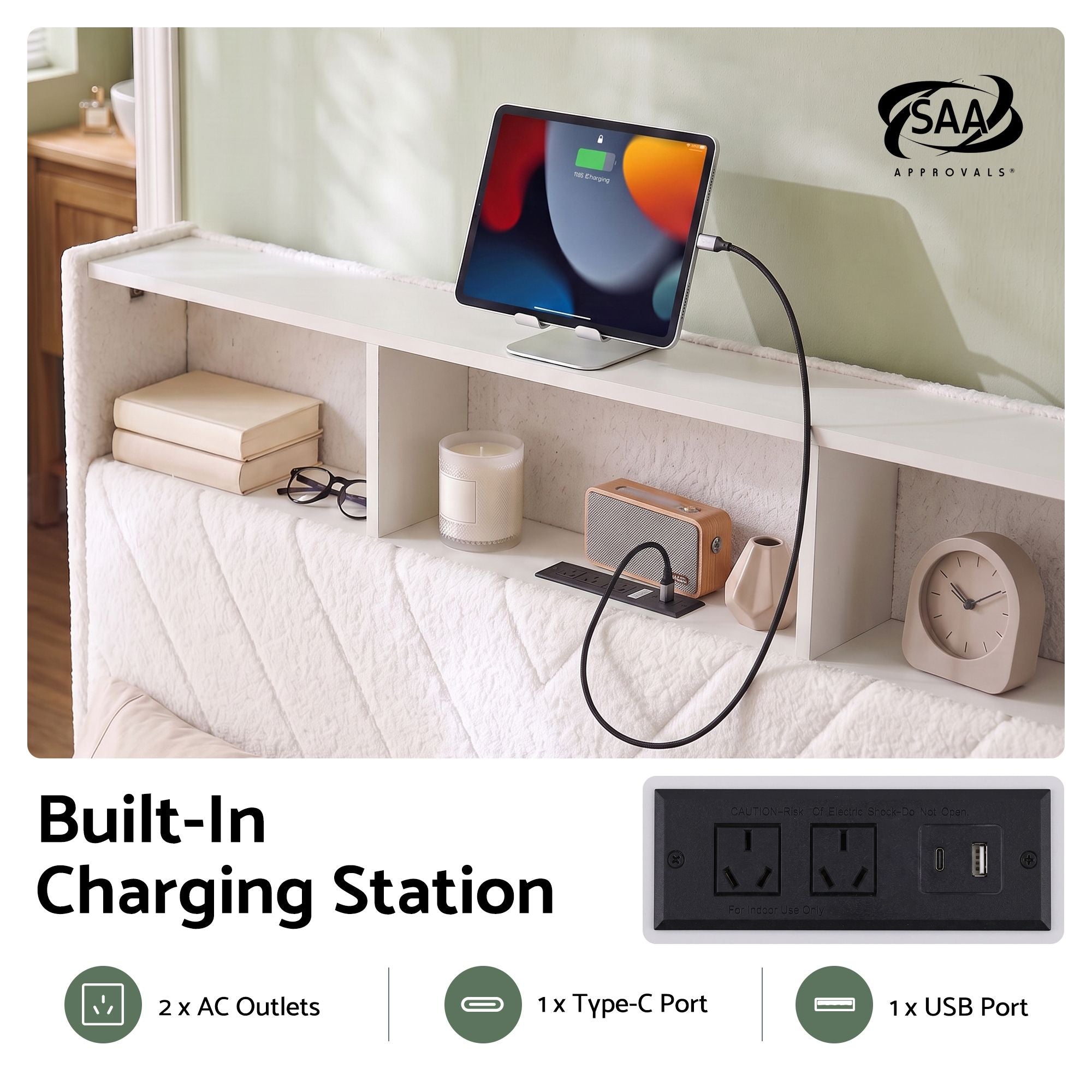 Queen Bed Frame with Storage Charging Station & LED White