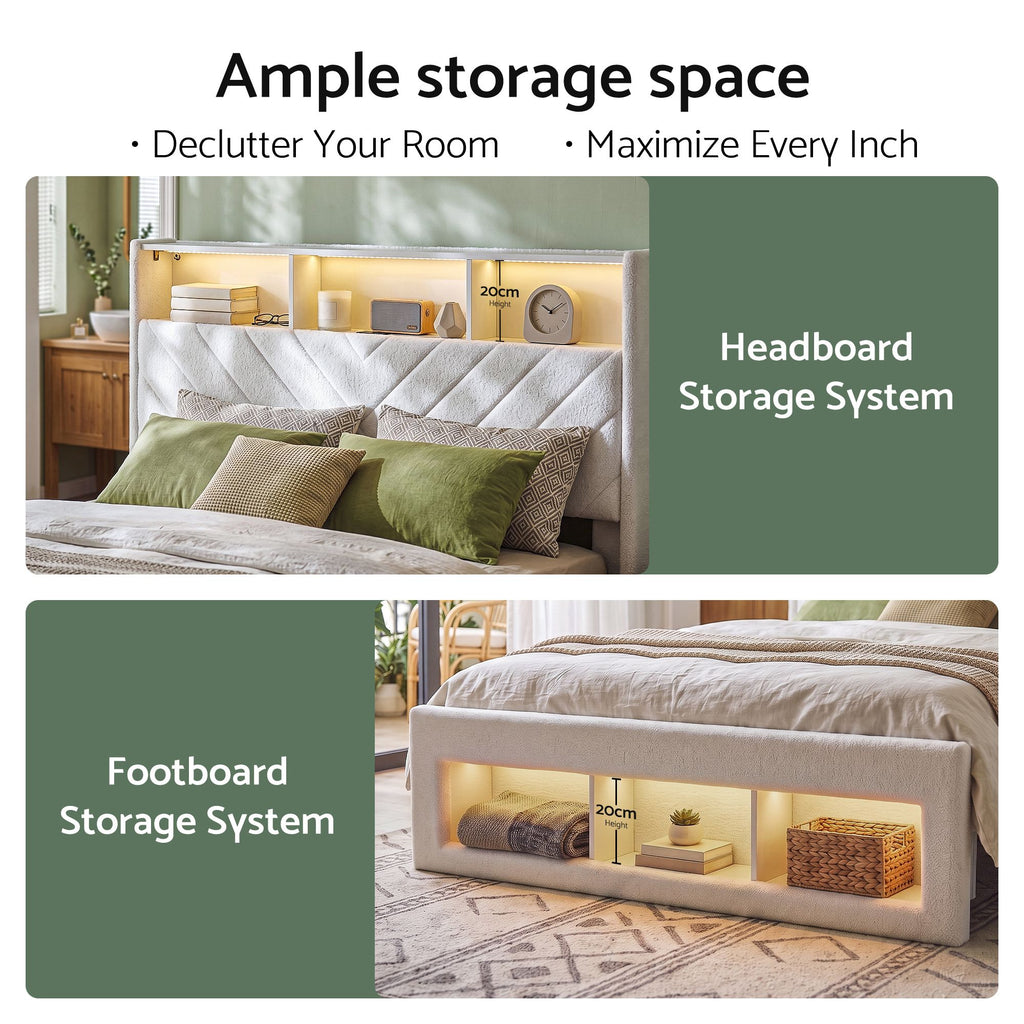 Queen Bed Frame with Storage Charging Station & LED White