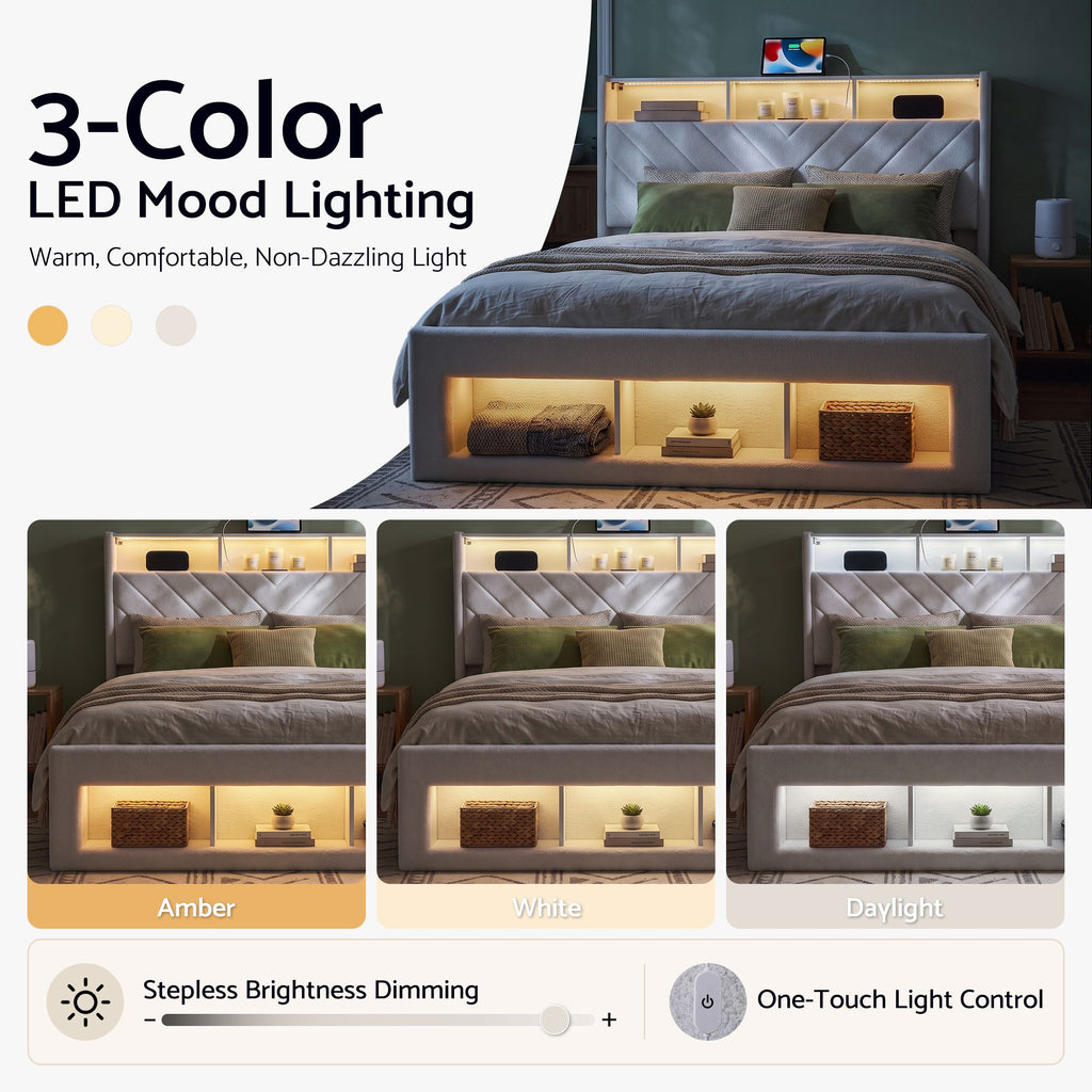Queen Bed Frame with Storage Charging Station & LED White