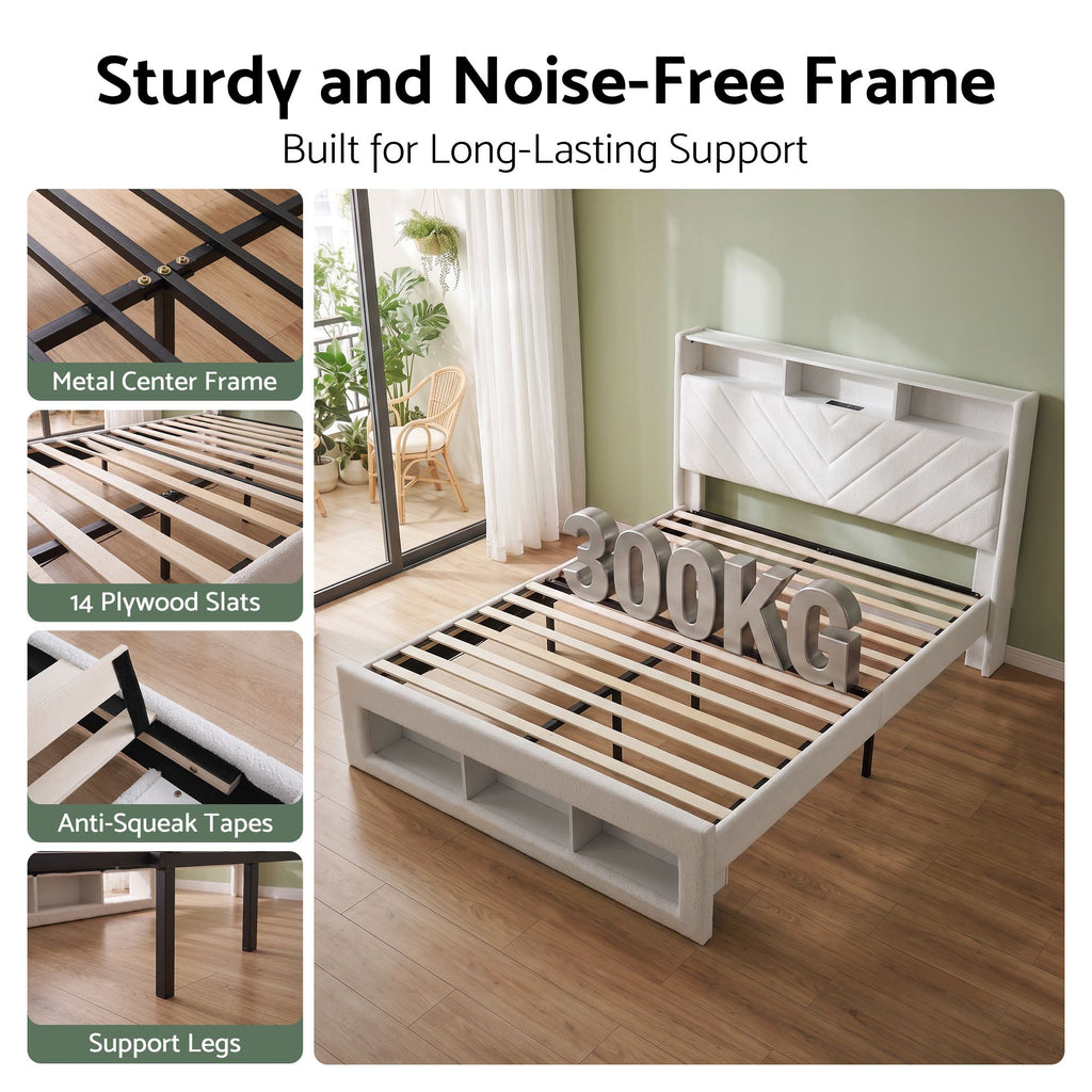 Queen Bed Frame with Storage Charging Station & LED White