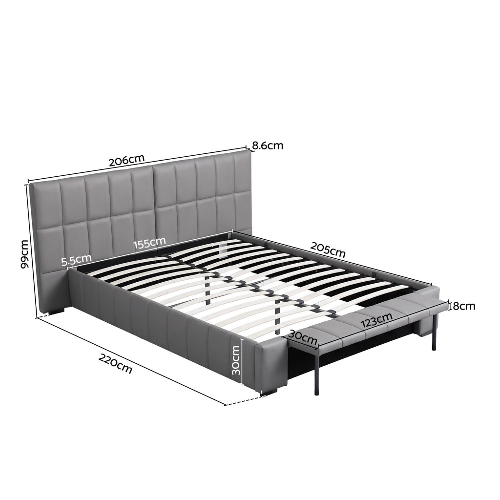 Queen Size Upholstered Gas Lift Bed Frame with Foldable Bench PVC Leather Platform Bed with Storage