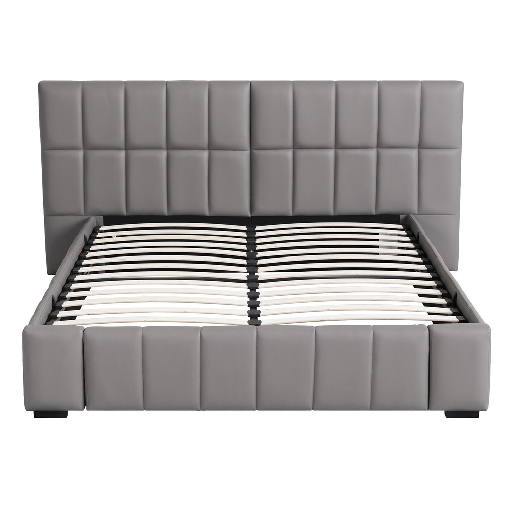 Queen Size Upholstered Gas Lift Bed Frame with Foldable Bench PVC Leather Platform Bed with Storage
