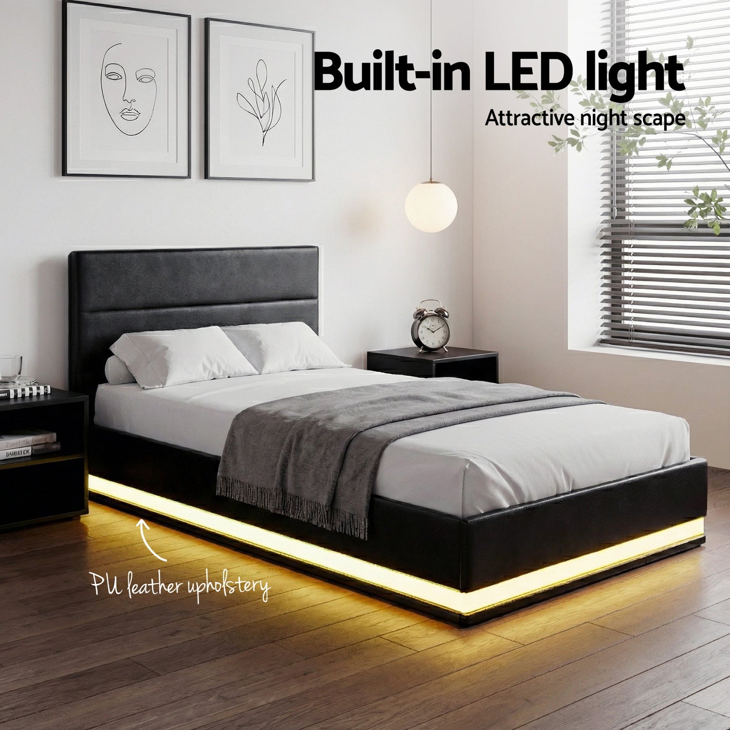 Bed Frame King Single Size LED Gas Lift Black LUMI