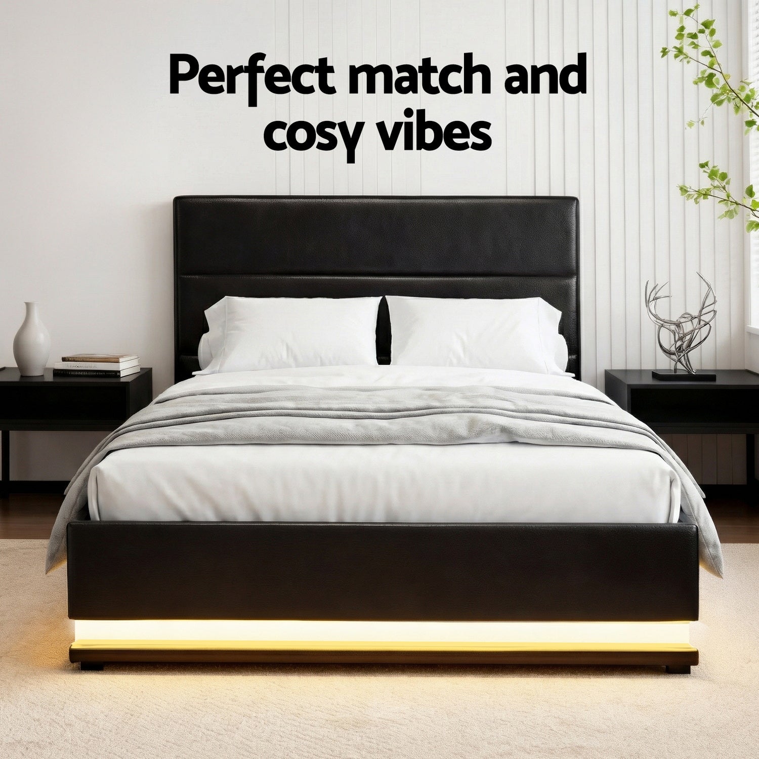 Bed Frame King Single Size LED Gas Lift Black LUMI