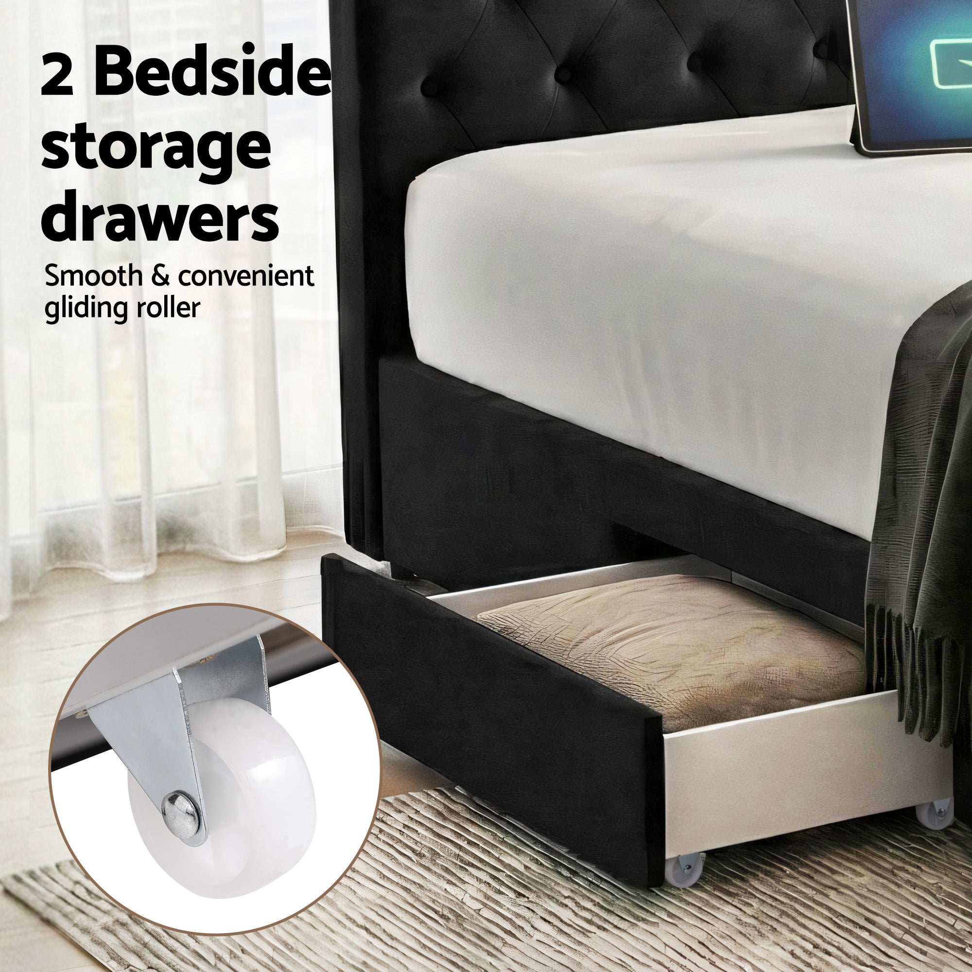 Queen Bed Frame Storage Charging Station Upholstered 3 Drawers USB Type-C