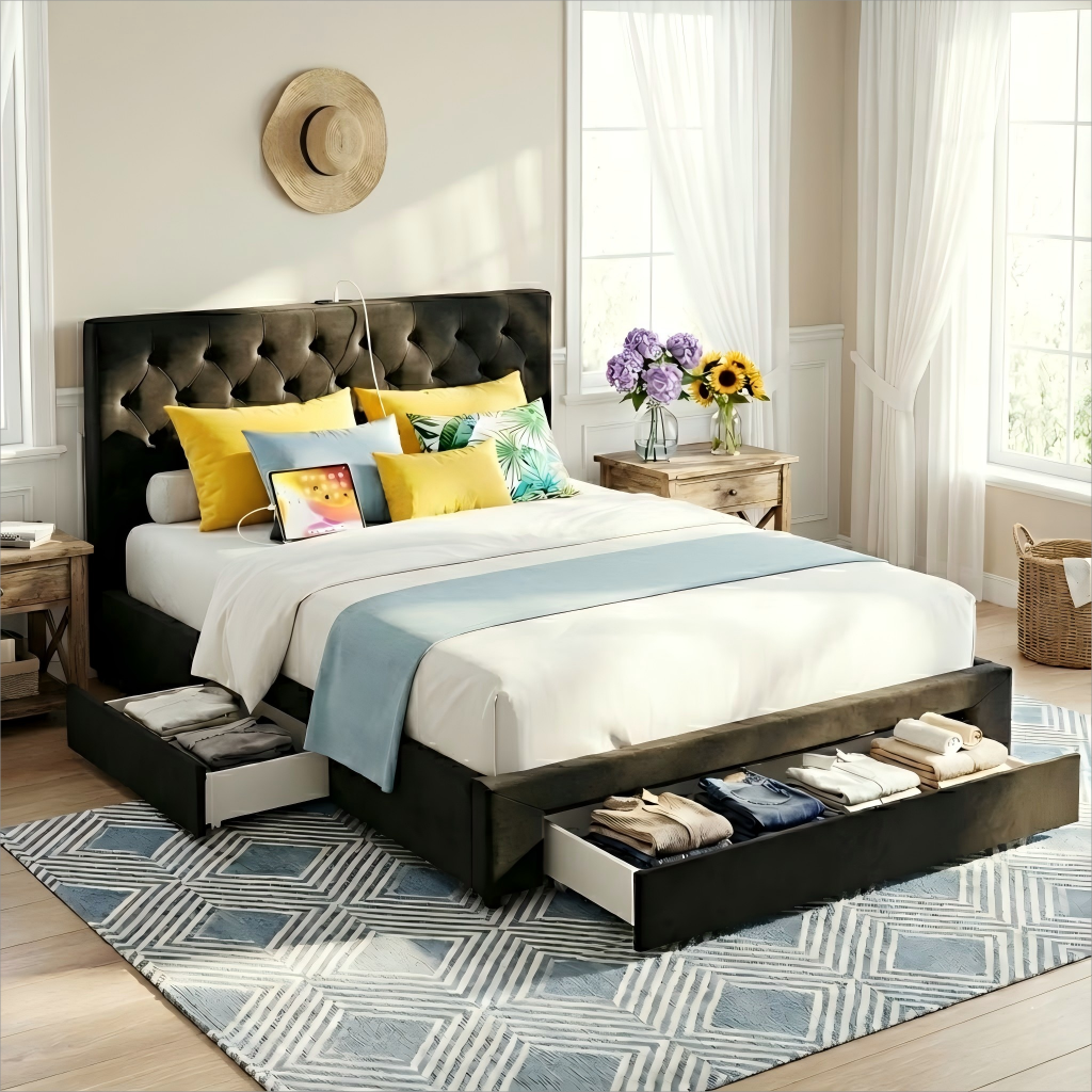 Queen Bed Frame Storage Charging Station Upholstered 3 Drawers USB Type-C