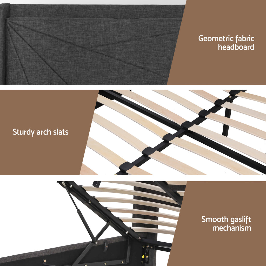 Artiss Double Bed Frame Gas Lift Storage Bed with Charging Ports Upholstered Geometric Headboard Charcoal Grey