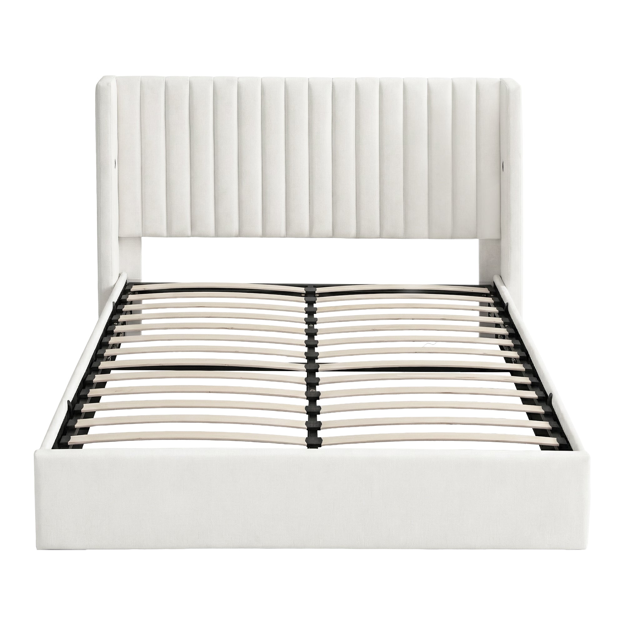 Queen Bed Frame with Gaslift Storage USB Type-C Charging Ports Velvet Upholstery White