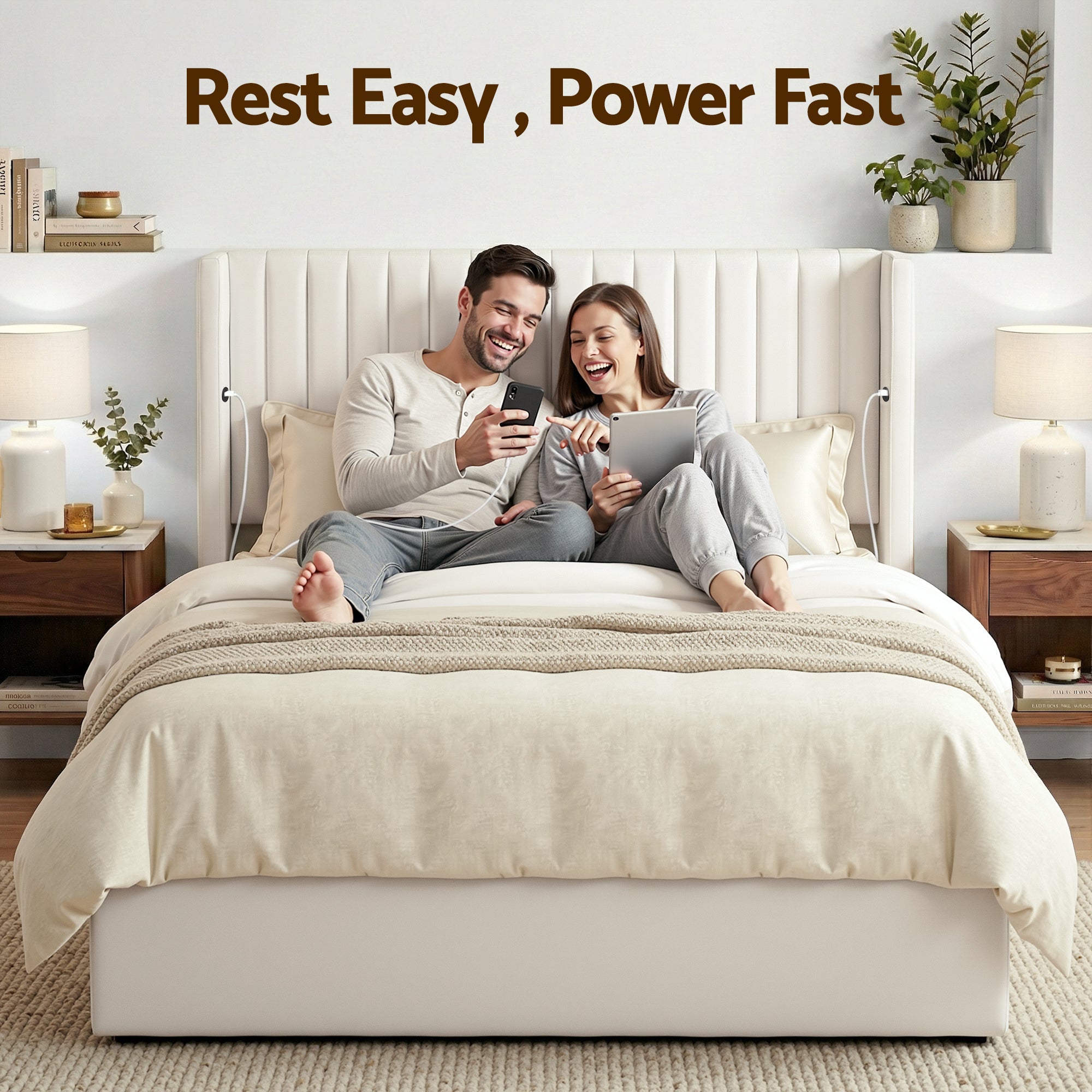 Queen Bed Frame with Gaslift Storage USB Type-C Charging Ports Velvet Upholstery White