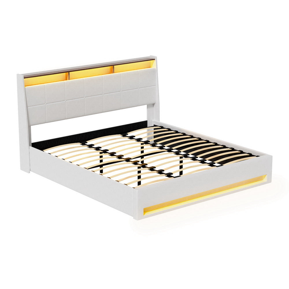 Bed Frame Gas Lift LED Beds Base Platform White PVC Leather Storage Headboard - King