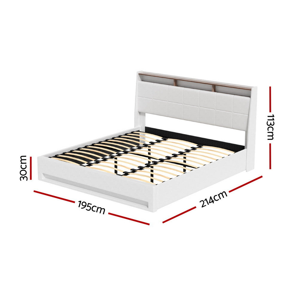 Bed Frame Gas Lift LED Beds Base Platform White PVC Leather Storage Headboard - King