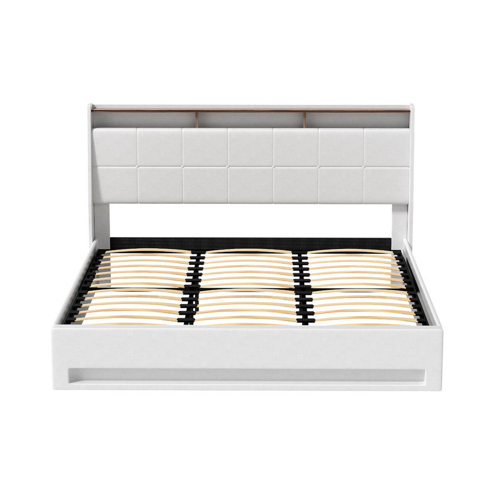Bed Frame Gas Lift LED Beds Base Platform White PVC Leather Storage Headboard - King