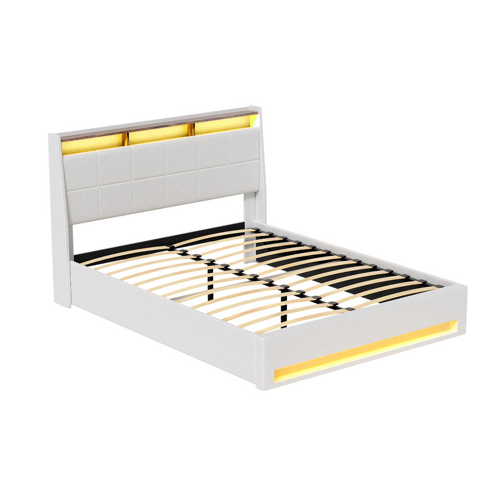 Bed Frame Gas Lift LED Beds Base Platform White PVC Leather Storage Headboard - Queen