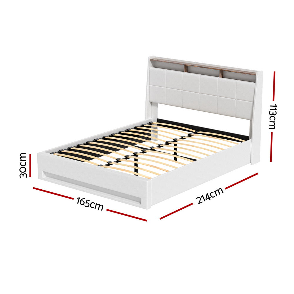 Bed Frame Gas Lift LED Beds Base Platform White PVC Leather Storage Headboard - Queen