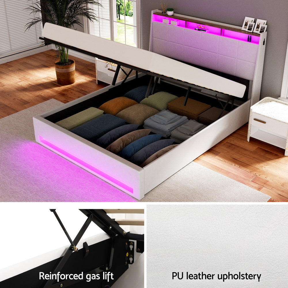 Bed Frame Gas Lift LED Beds Base Platform White PVC Leather Storage Headboard - Queen