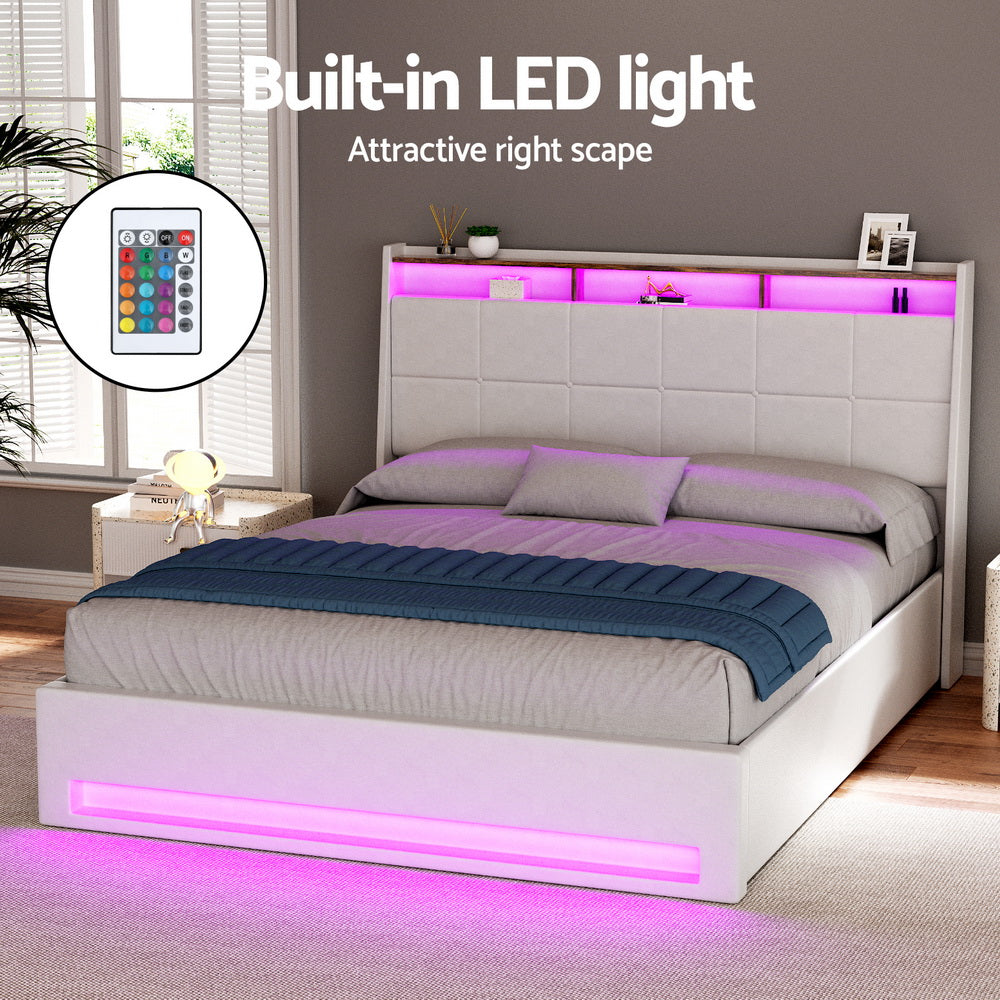 Bed Frame Gas Lift LED Beds Base Platform White PVC Leather Storage Headboard - Queen