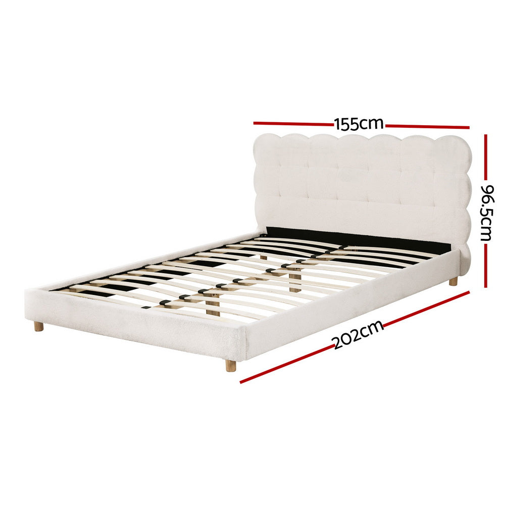 Double Bed Frame Cloud Headboard Boucle Fabric Mattress Platform Base White