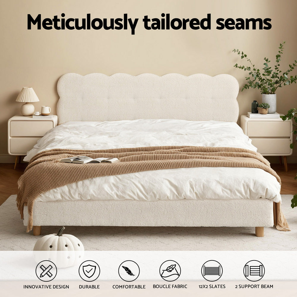 Double Bed Frame Cloud Headboard Boucle Fabric Mattress Platform Base White
