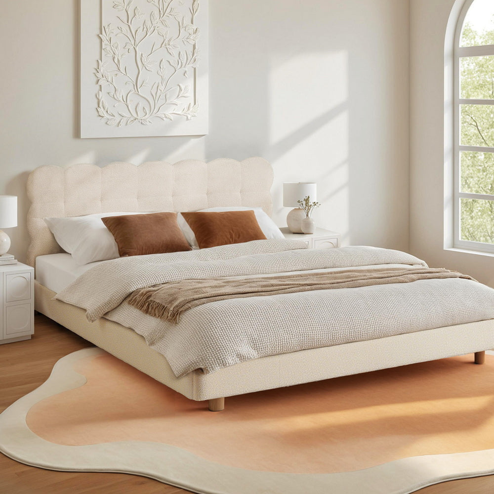 Double Bed Frame Cloud Headboard Boucle Fabric Mattress Platform Base White