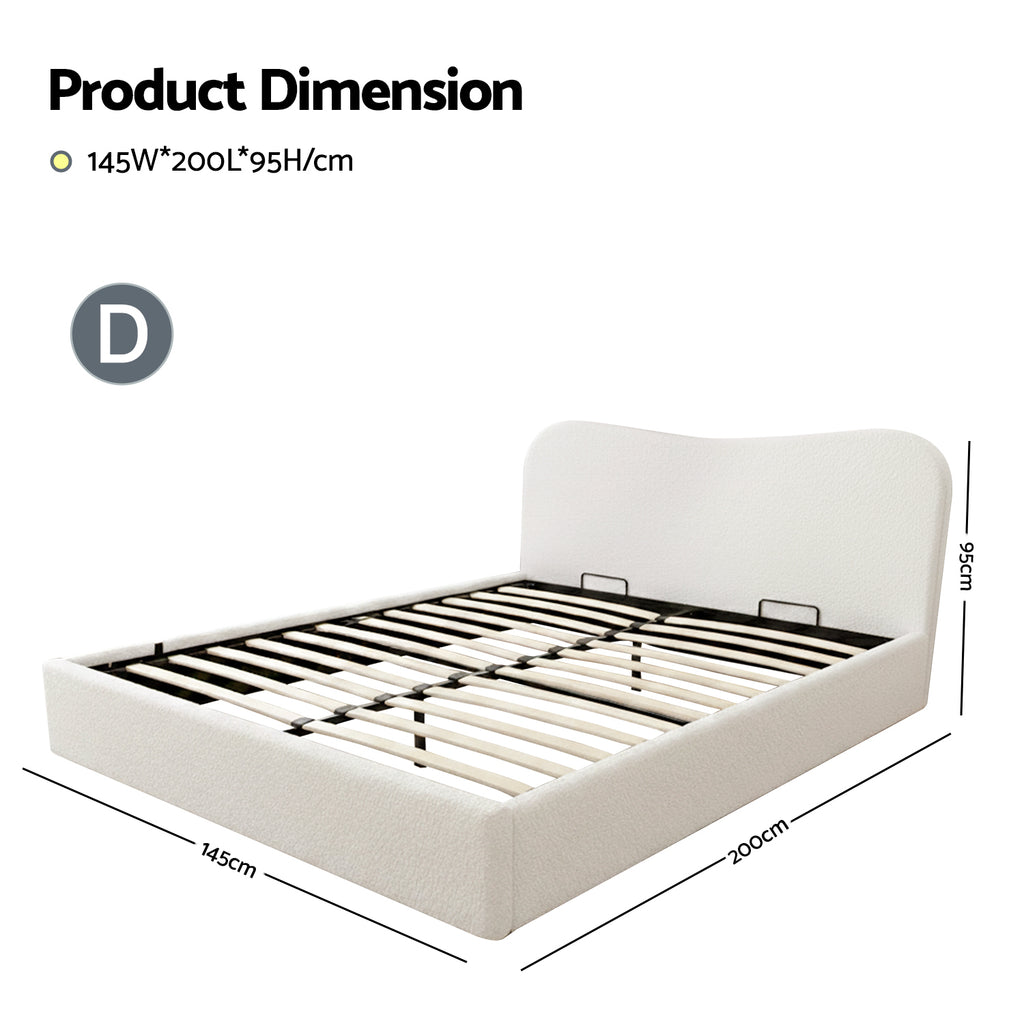 Double Bed Frame with Gaslift Storage Wooden Platform Mattress Base Boucle Upholstered White