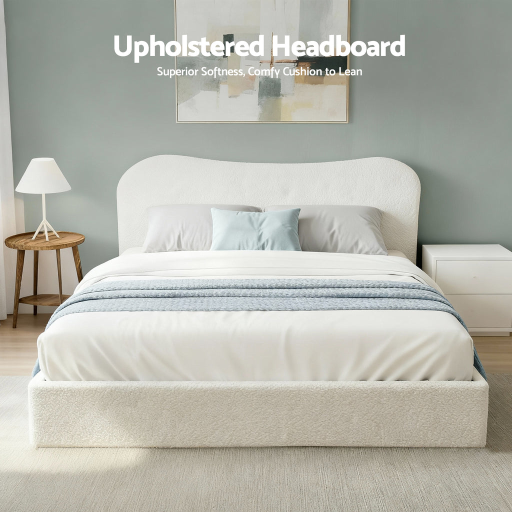 Double Bed Frame with Gaslift Storage Wooden Platform Mattress Base Boucle Upholstered White