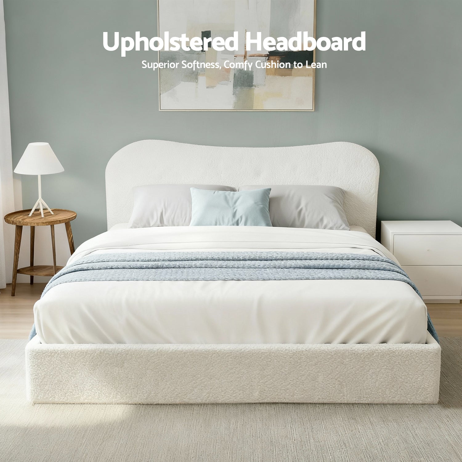 Double Bed Frame with Gaslift Storage Wooden Platform Mattress Base Boucle Upholstered White