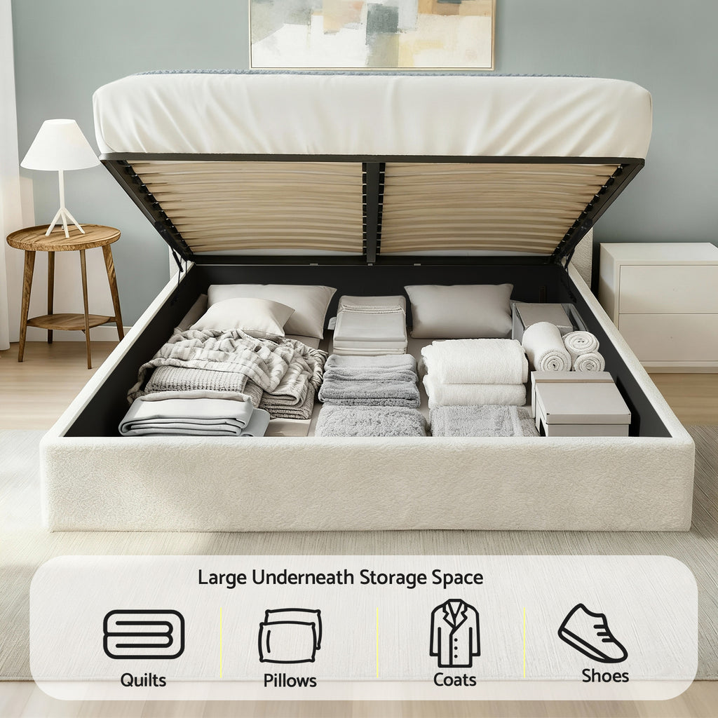 Double Bed Frame with Gaslift Storage Wooden Platform Mattress Base Boucle Upholstered White