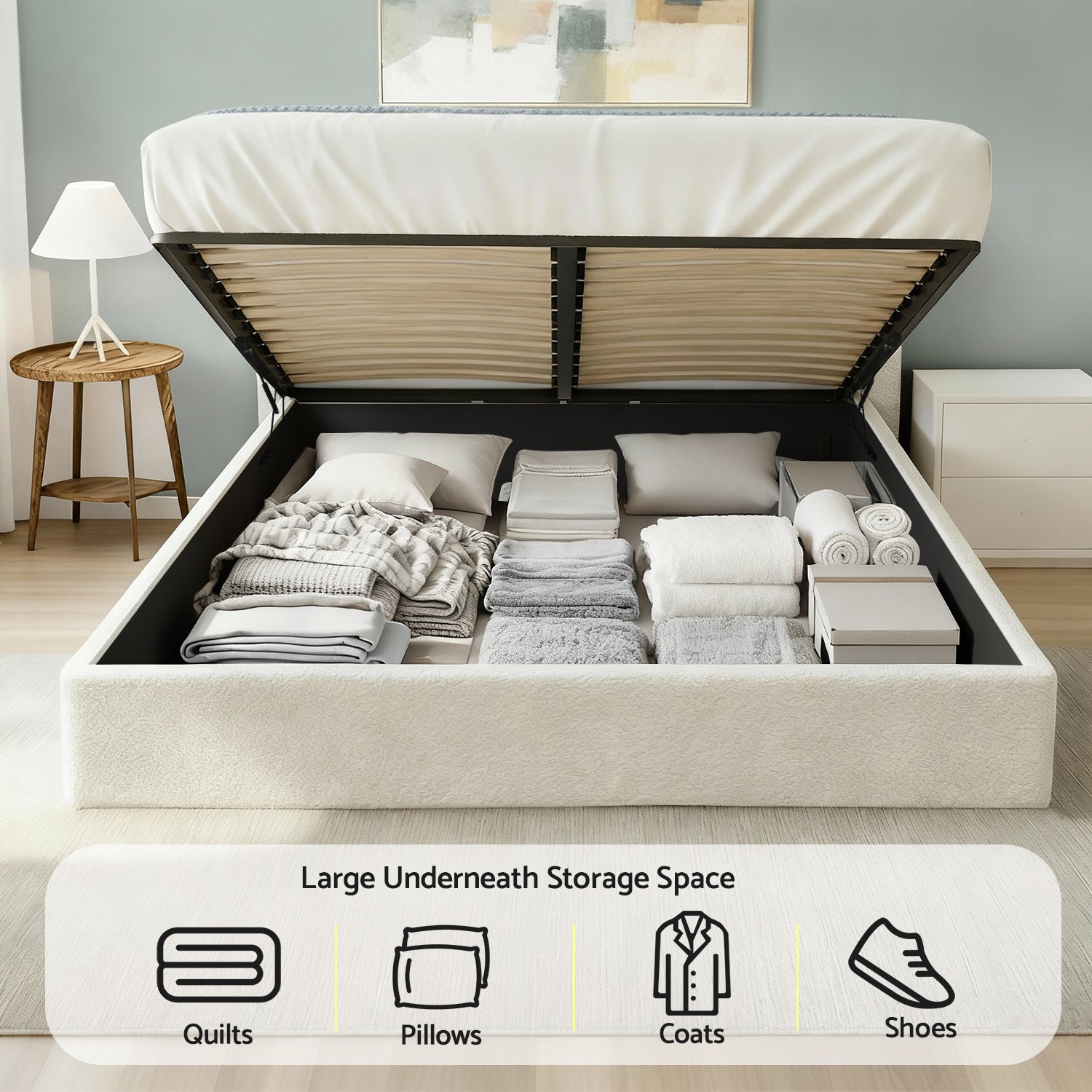 Double Bed Frame with Gaslift Storage Wooden Platform Mattress Base Boucle Upholstered White