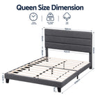 Queen Bed Frame Upholstered Platform Base with Geometric Headboard Charcoal Grey Linen Wood Slats for Modern Bedroom Furniture Home Decor