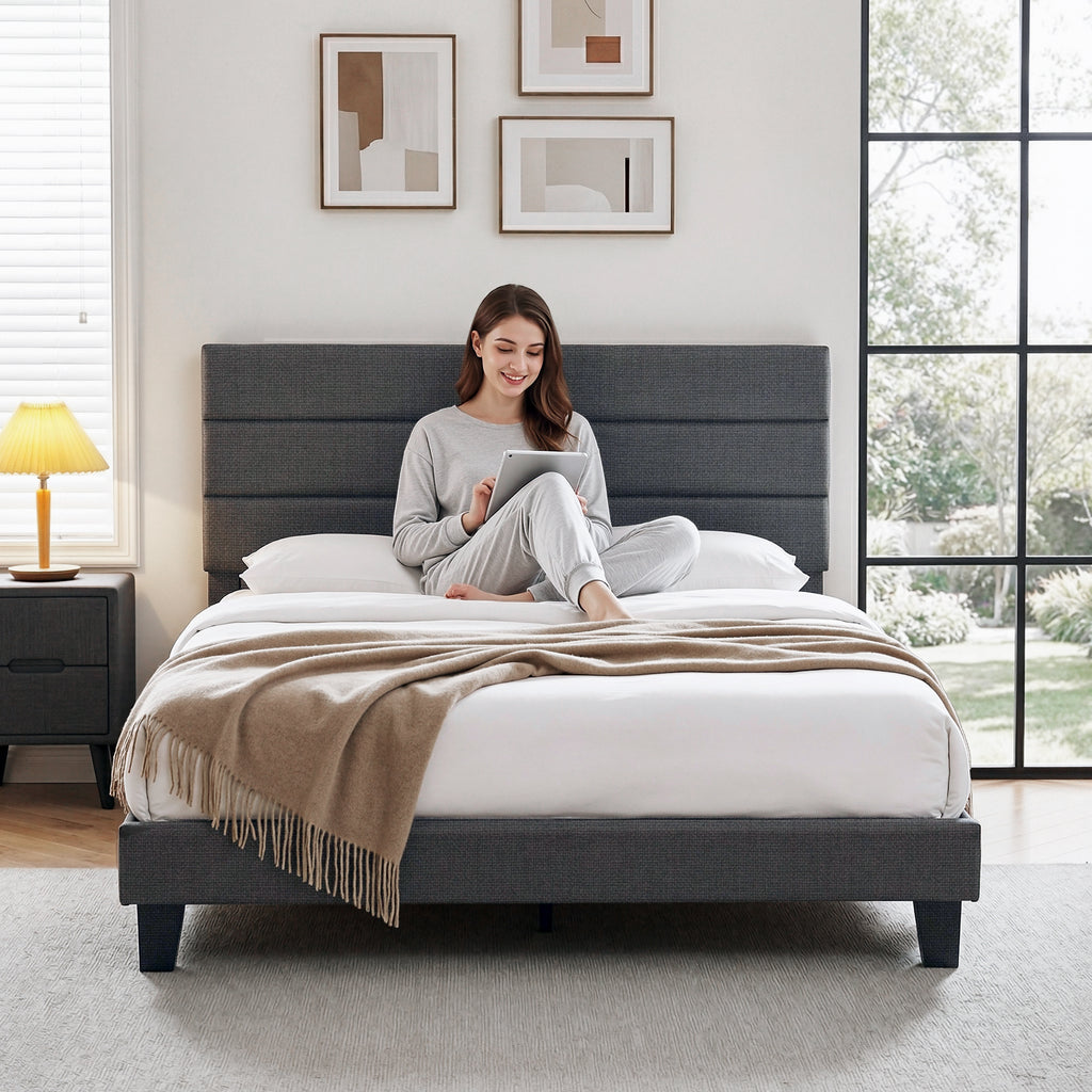 Queen Bed Frame Upholstered Platform Base with Geometric Headboard Charcoal Grey Linen Wood Slats for Modern Bedroom Furniture Home Decor