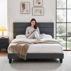 Queen Bed Frame Upholstered Platform Base with Geometric Headboard Charcoal Grey Linen Wood Slats for Modern Bedroom Furniture Home Decor