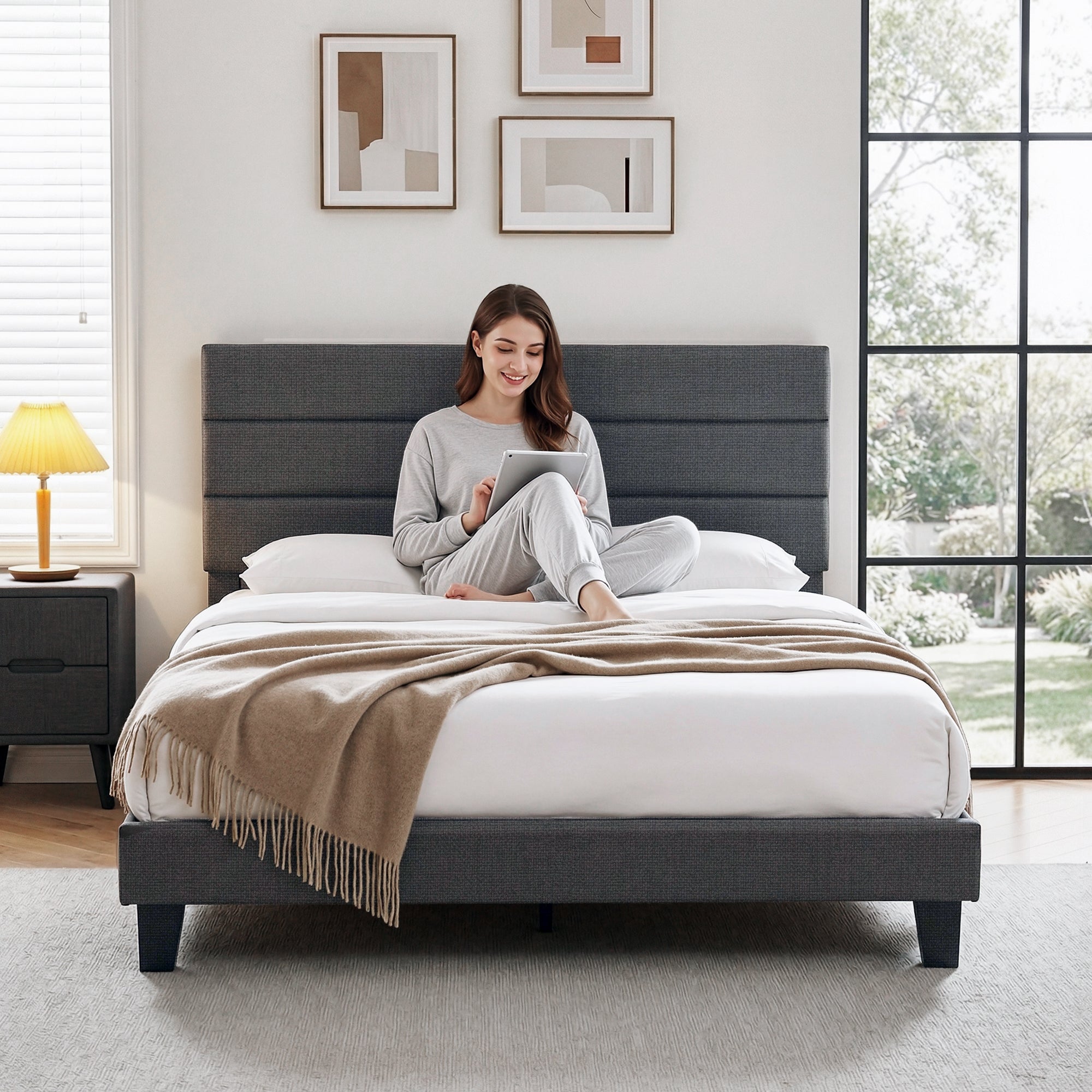 Queen Bed Frame Upholstered Platform Base with Geometric Headboard Charcoal Grey Linen Wood Slats for Modern Bedroom Furniture Home Decor