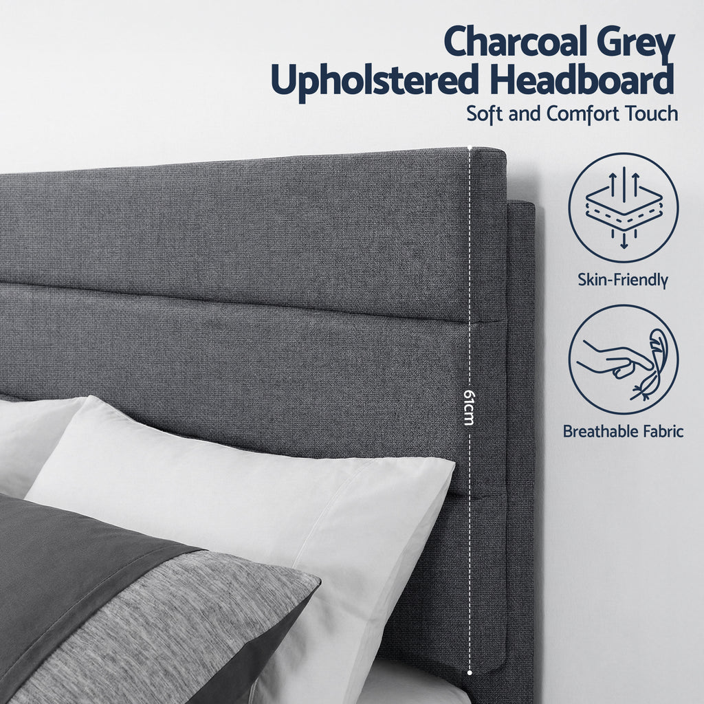 Queen Bed Frame Upholstered Platform Base with Geometric Headboard Charcoal Grey Linen Wood Slats for Modern Bedroom Furniture Home Decor