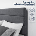 Queen Bed Frame Upholstered Platform Base with Geometric Headboard Charcoal Grey Linen Wood Slats for Modern Bedroom Furniture Home Decor