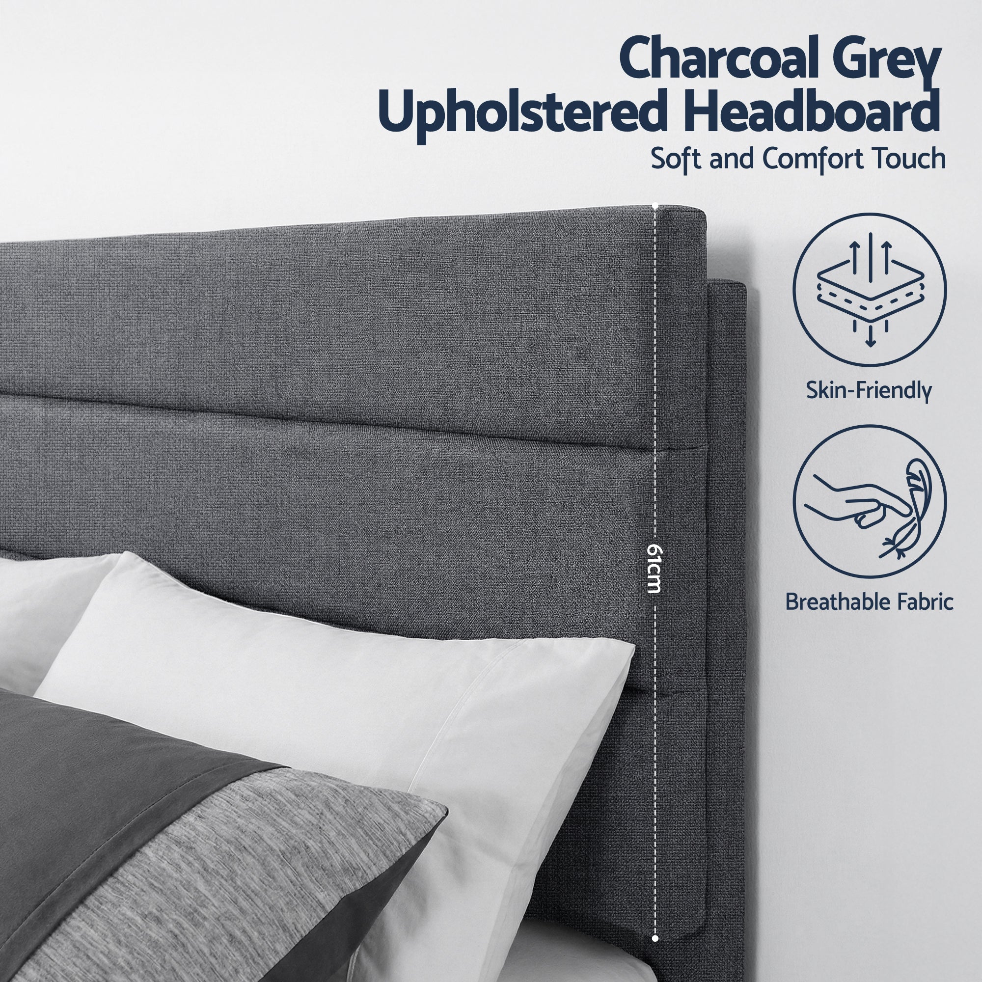 Queen Bed Frame Upholstered Platform Base with Geometric Headboard Charcoal Grey Linen Wood Slats for Modern Bedroom Furniture Home Decor