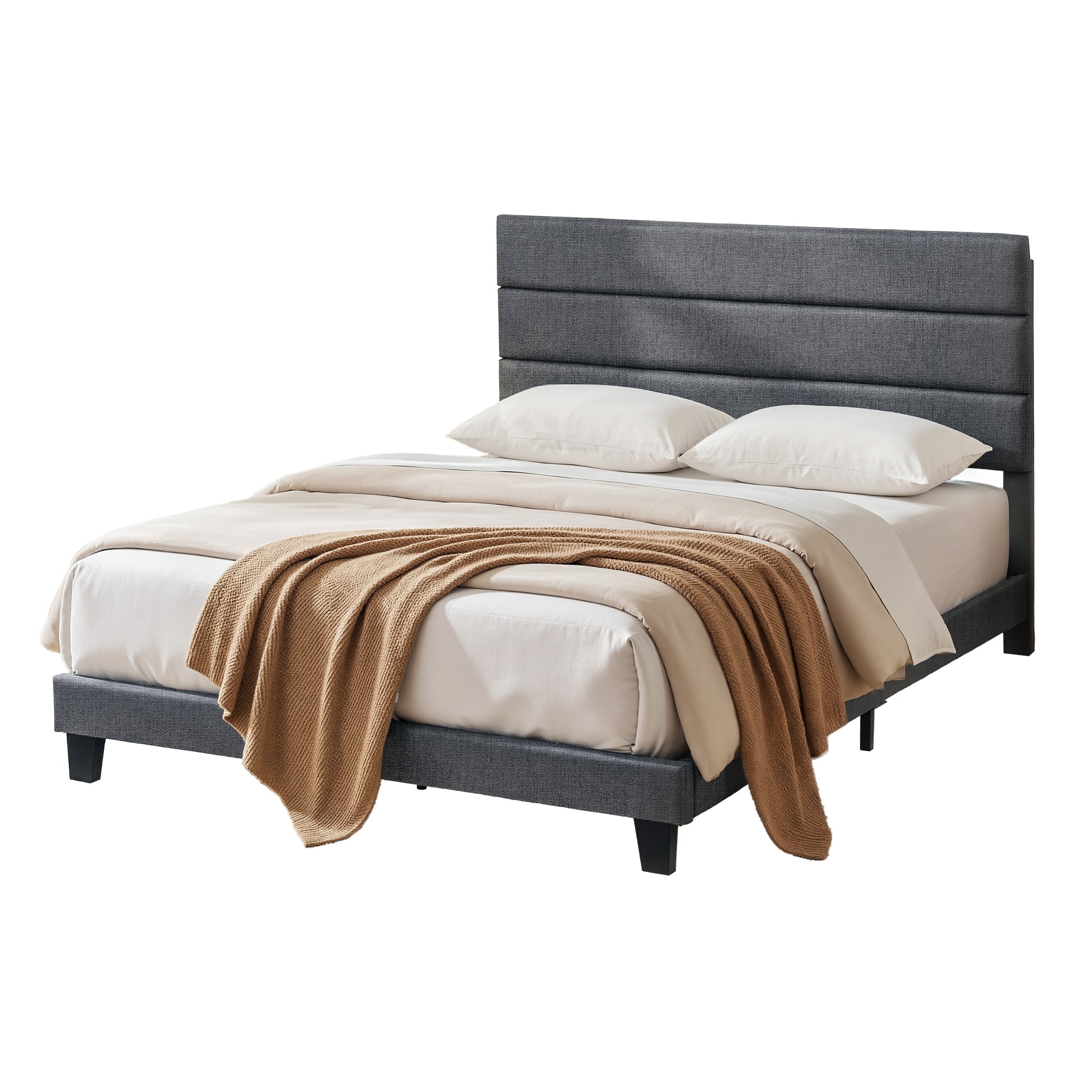 Queen Bed Frame Upholstered Platform Base with Geometric Headboard Charcoal Grey Linen Wood Slats for Modern Bedroom Furniture Home Decor