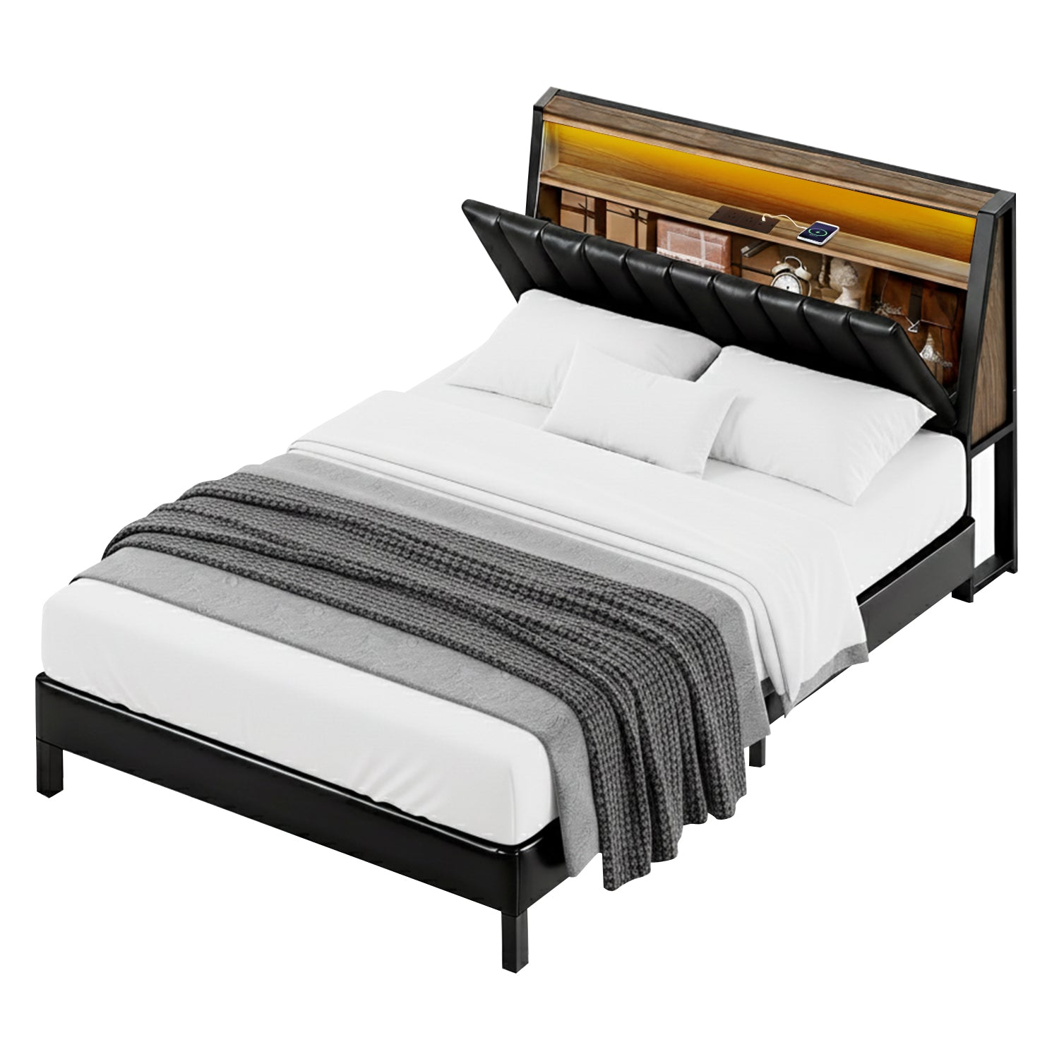 Queen Bed Frame LED Storage Headboard with Charging Station Black