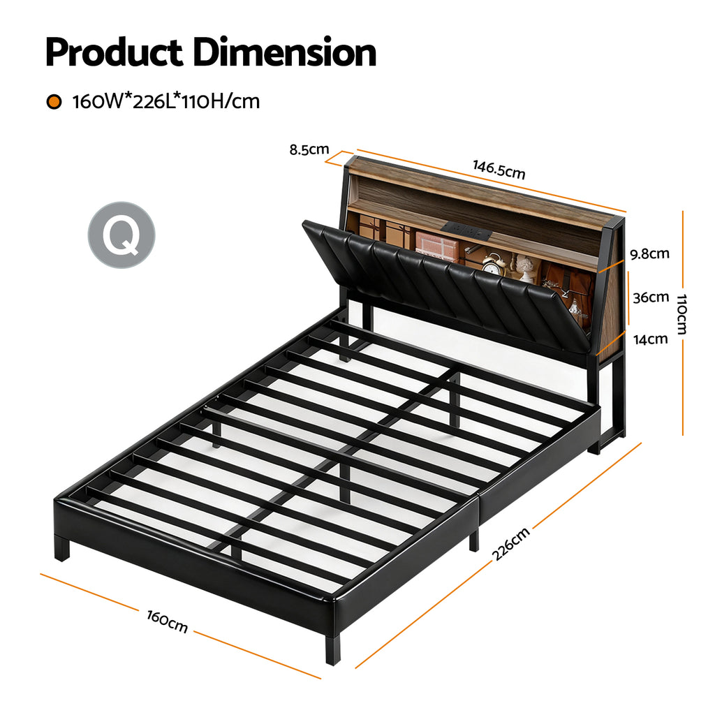 Queen Bed Frame LED Storage Headboard with Charging Station Black
