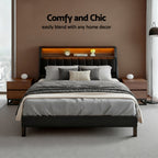 Queen Bed Frame LED Storage Headboard with Charging Station Black