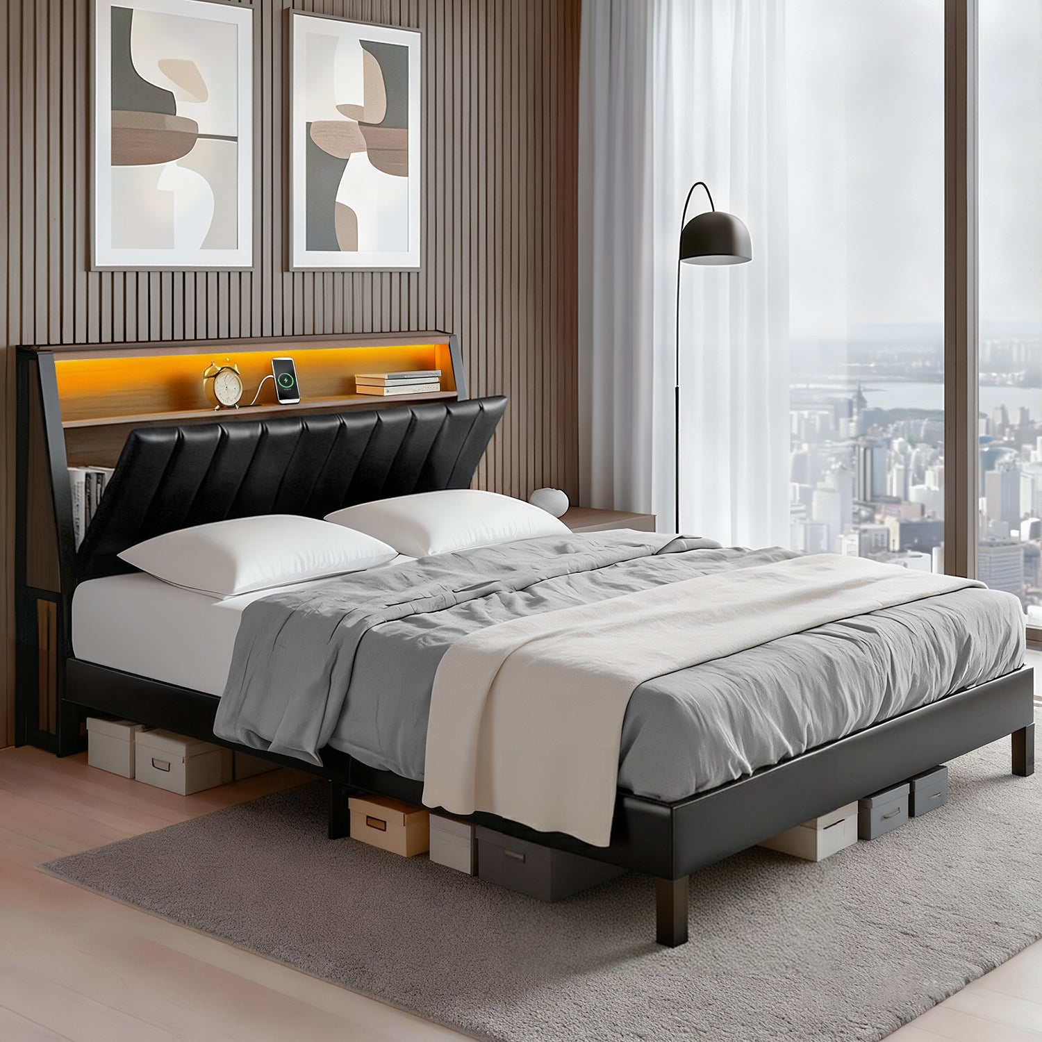 Queen Bed Frame LED Storage Headboard with Charging Station Black