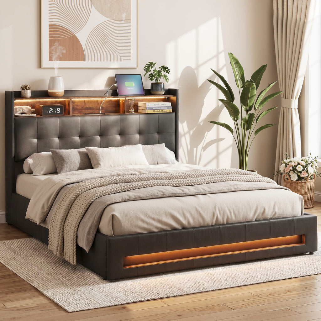 Queen Bed Frame with Gas Lift Storage LED Lights Charging Station Headboard with Open Shelf
