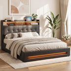 Queen Bed Frame with Gas Lift Storage LED Lights Charging Station Headboard with Open Shelf