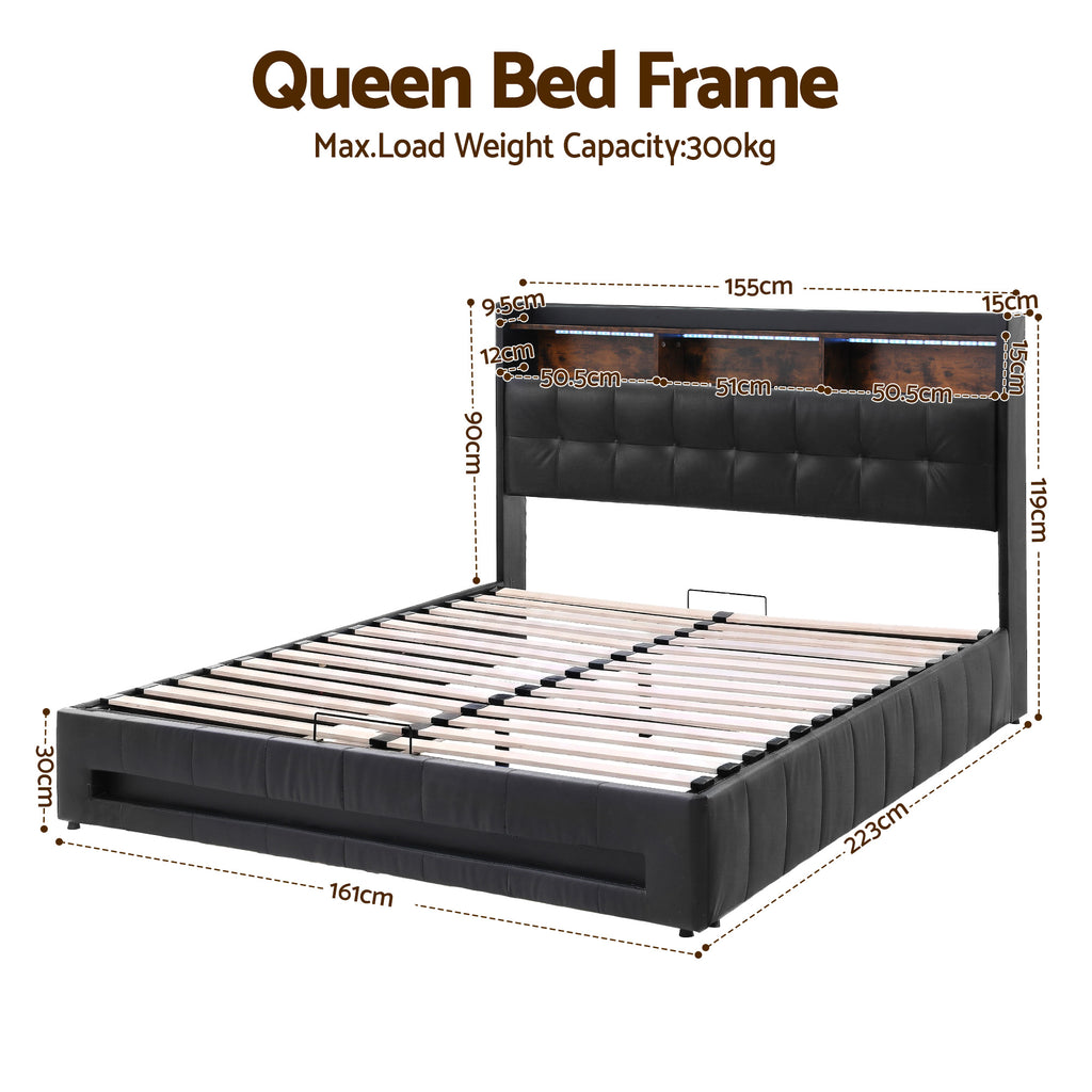 Queen Bed Frame with Gas Lift Storage LED Lights Charging Station Headboard with Open Shelf