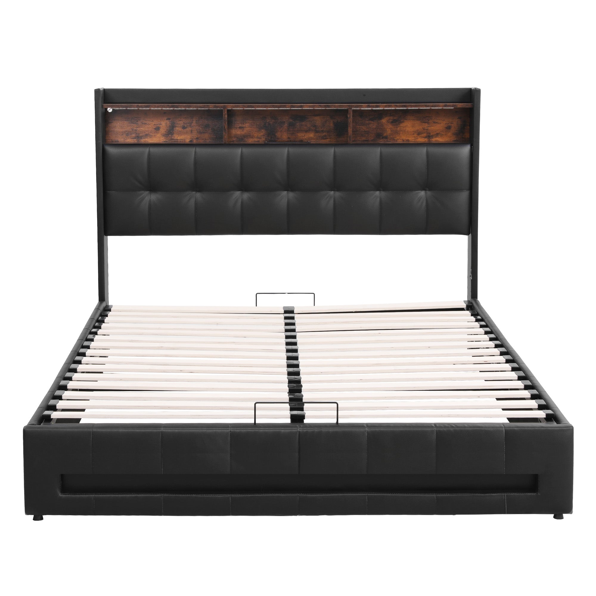 Queen Bed Frame with Gas Lift Storage LED Lights Charging Station Headboard with Open Shelf